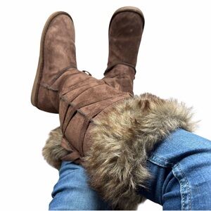 JustFab Dark Brown Faux Fur Wrap Lace Boots - Size 6